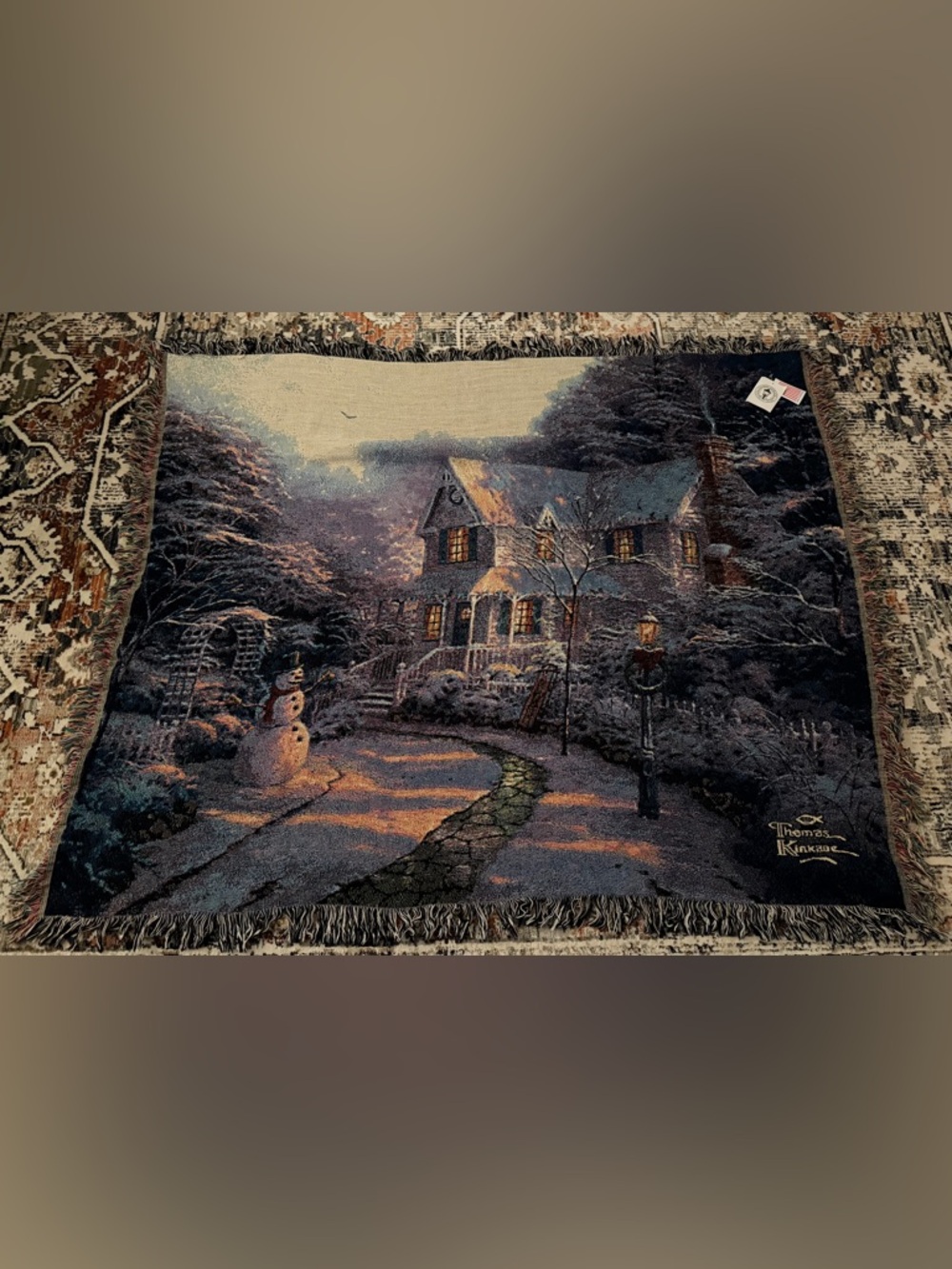 Thomas Kinkade Holiday Woven Tapestry Throw Blanket Christmas Snowman 50x60